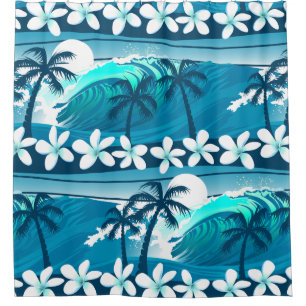 Rideaux De Douche vague de surf tropicale avec palmiers