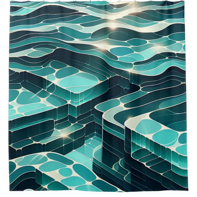 Rideaux De Douche "Vagues Abstraites d'eau bleue et verte" (Devant)
