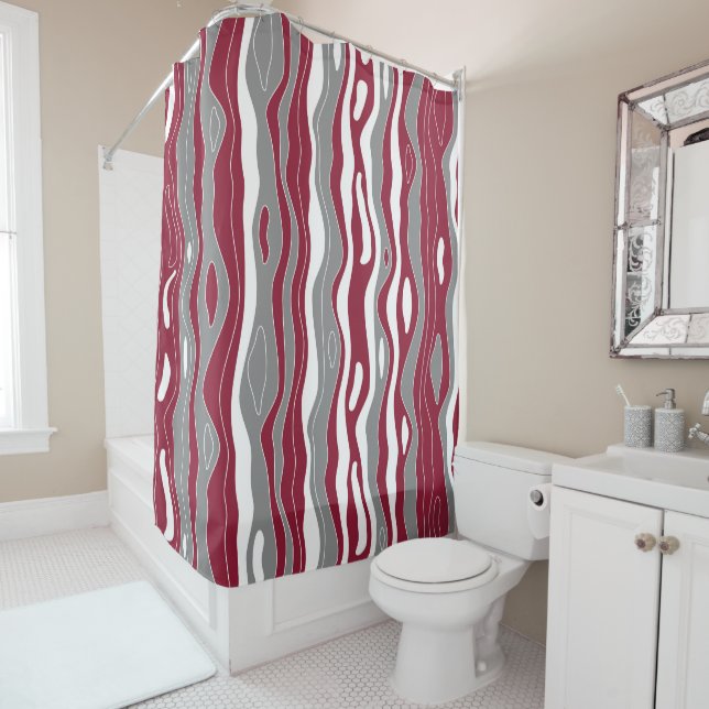 Rideaux De Douche Vagues, lignes, bordeaux, gris, motif blanc (En situation)