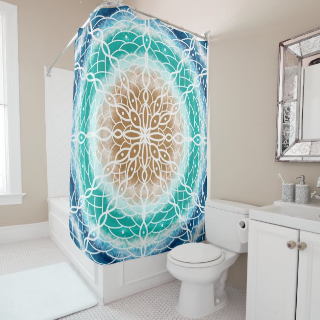 Rideaux De Douche Vagues océaniques bleues, Turquoises et turquoise (En situation)