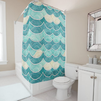 RIDEAUX DE DOUCHE VAGUES ROULANTES BLEU AQUA ET BLANC