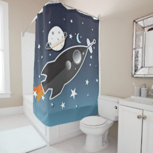 Rideaux De Douche Vaisseau Spatial Fusée Bleu et Orange Fantaisiste