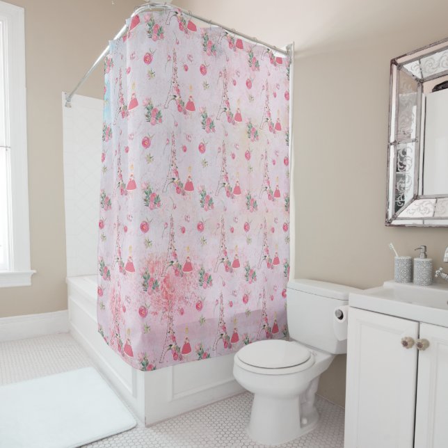 Rideaux De Douche Valentine-Paris-Fille-Eiffeltower dans le rose - (En situation)