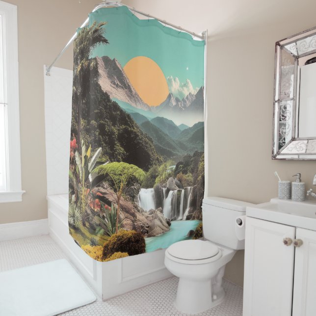 Rideaux De Douche Vallée Tropicale Surréelle Avec Cascades (En situation)