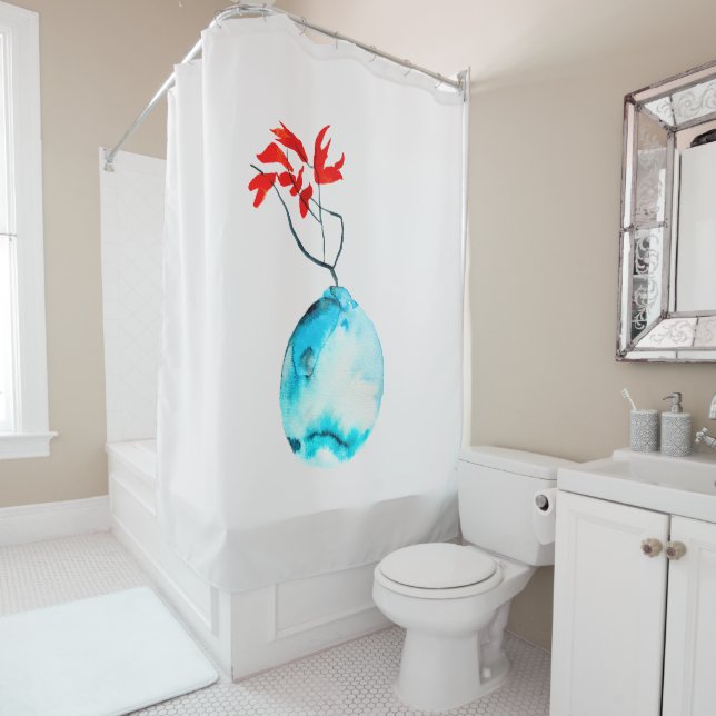 Rideaux De Douche Vase bleu Ikebana aquarelle (En situation)