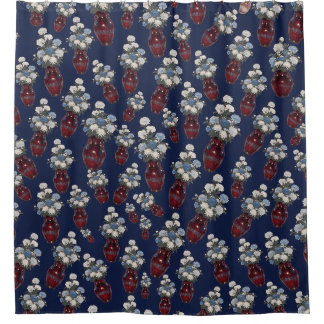 Rideaux De Douche Vases Chinoiserie Chrysanthèmes Bleu Nuit