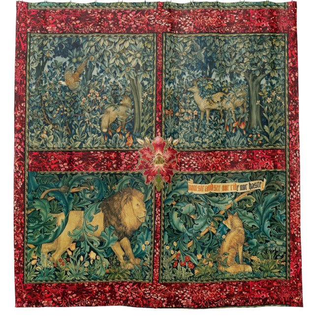 RIDEAUX DE DOUCHE VERDURE, ANIMAUX FORESTIERS, LION, FOX, PHÉASANT,  (Devant)