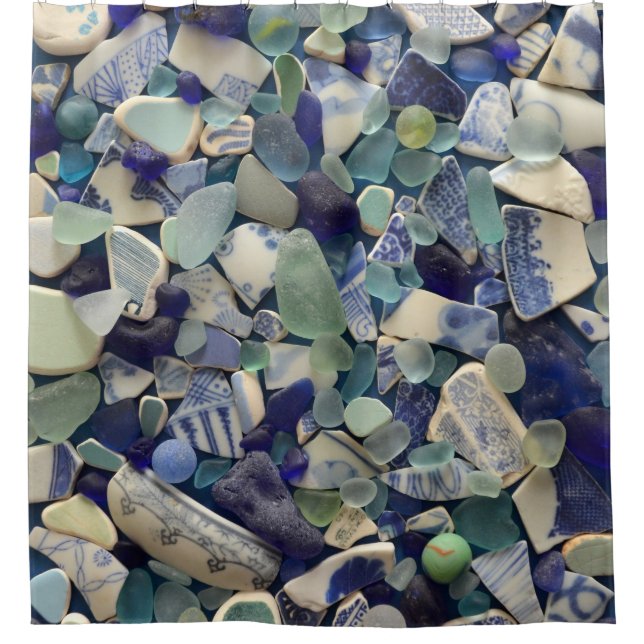 Rideaux De Douche Verre de mer, poterie de plage, bleu de cobalt, (Devant)