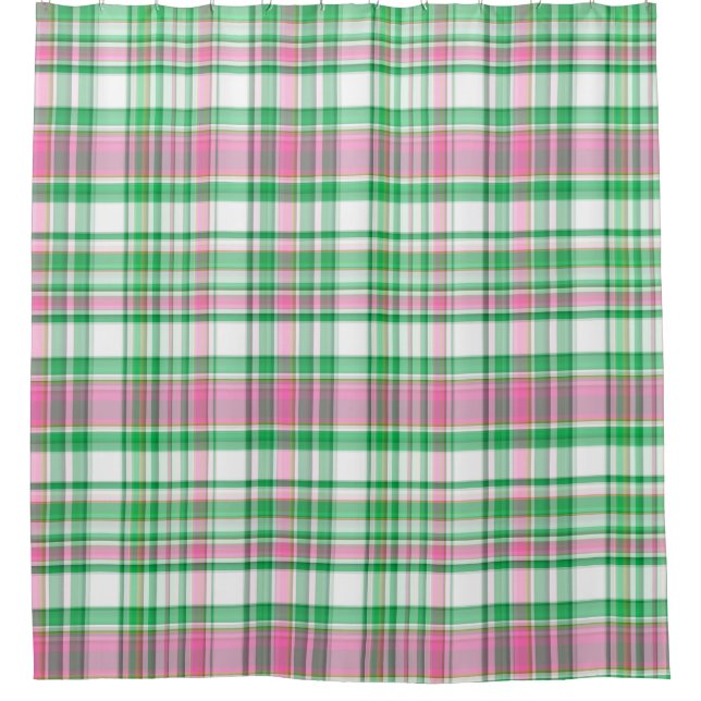 Rideaux De Douche Vert émeraude, Rose Chaud, Madras blanc Preppy Pla (Devant)