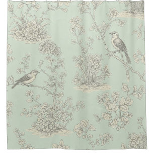 Rideaux De Douche Vert menthe toile de Jouy française oiseaux et fle