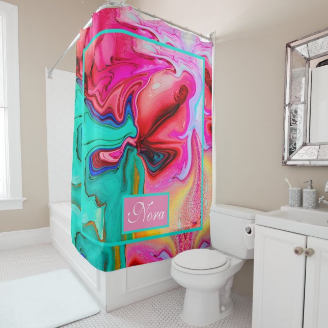 Rideaux De Douche Vert rose élégant Aquarelle Marbre Personnaliser (En situation)