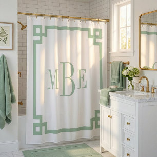 Rideaux De Douche Vert sauge et clé grecque blanche Monogrammé