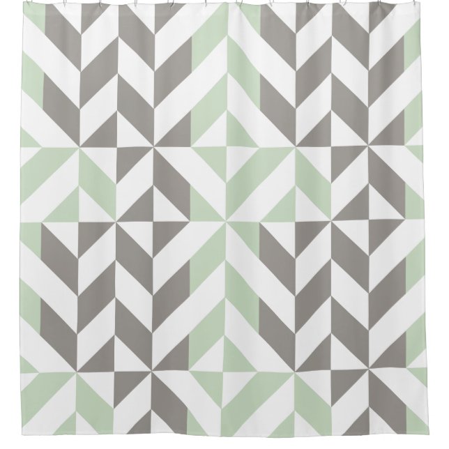 Rideaux De Douche Vert sauge et zigzag géométrique d'argent (Devant)