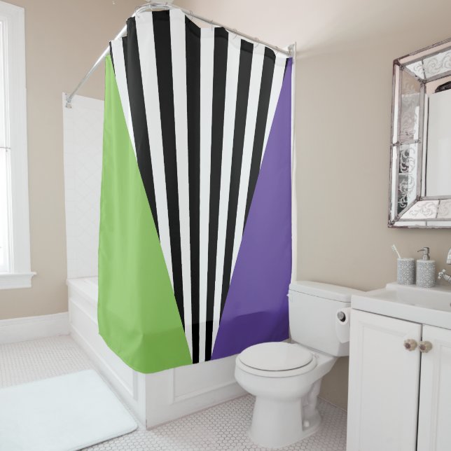 Rideaux De Douche Vert violet noir et blanc rayures lunaires (En situation)