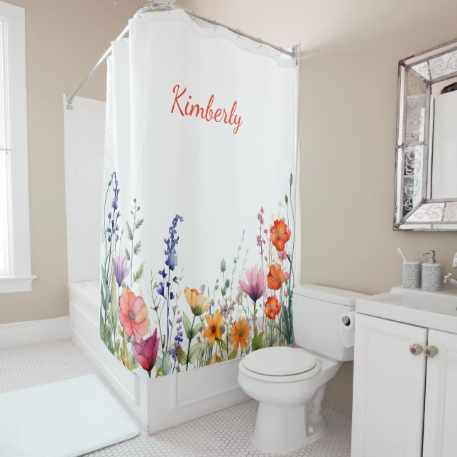 Rideaux De Douche Vibrant Watercolor Wildflowers Personalized (En situation)