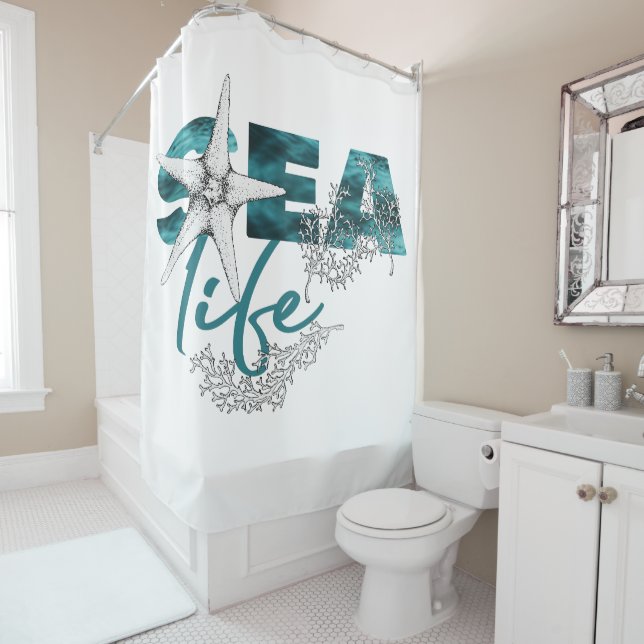 Rideaux De Douche Vie marine moderne aqua turquoise bleu typographie (En situation)