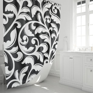 Rideaux De Douche Vigne florale en damas noir et blanc