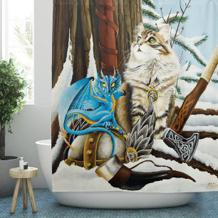 Rideaux De Douche Viking Cat and Blue Dragon