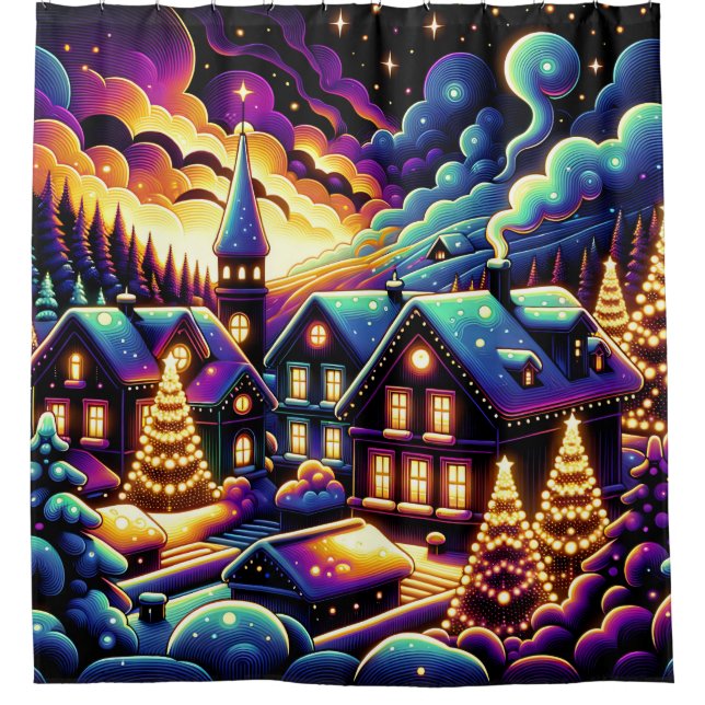 Rideaux De Douche "Village de Noël enneigé la nuit" (Devant)