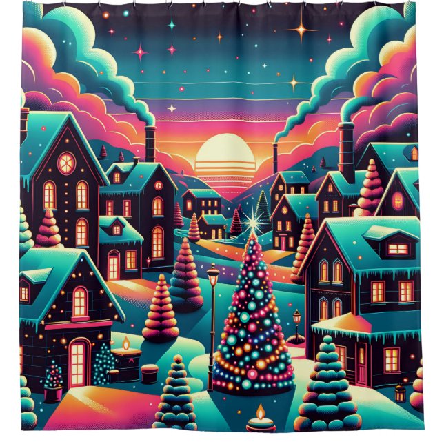 Rideaux De Douche "Village de Noël Whimsical Neon" (Devant)
