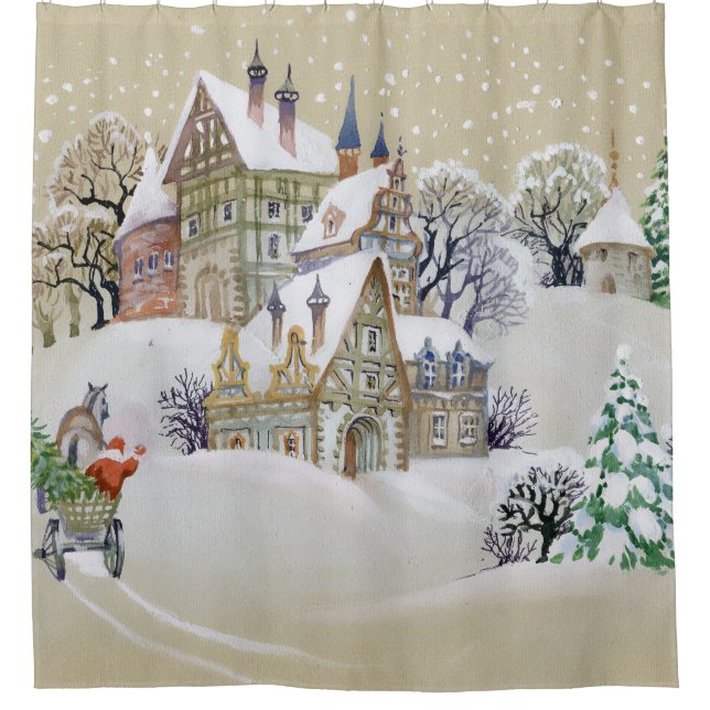 Rideaux De Douche Village d'hiver : paysage enneigé, illustré. (Devant)