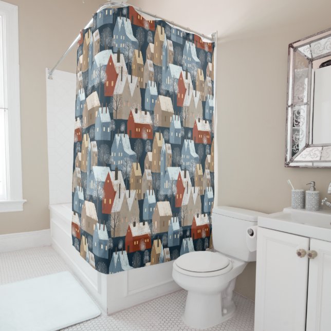 Rideaux De Douche Ville moderne d'hiver nordique Whimsical Scandinav (En situation)