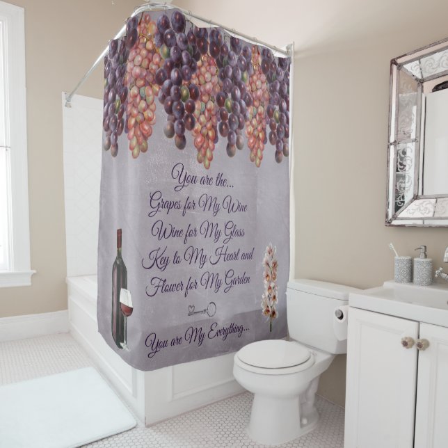 Rideaux De Douche Vin, Raisins, Fleurs avec Poème d'Amour (En situation)