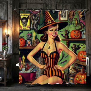 Rideaux De Douche Vintage Halloween mignonne sorcière Pinup