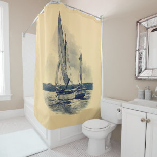 Rideaux De Douche Vintage jaune marine bleu voilier vieux tableau