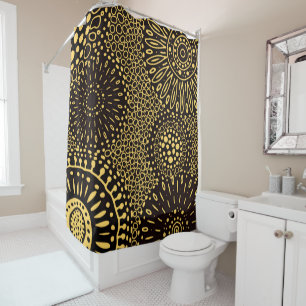 Rideaux De Douche Vintage modèle floral ethnique noir et or