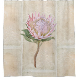 Rideaux De Douche Vintage Pink Protea Flower Ferme Damask Tan Motif