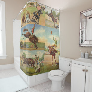 Rideaux De Douche Vintage Western Rodeo Événements Cowboys Horses 