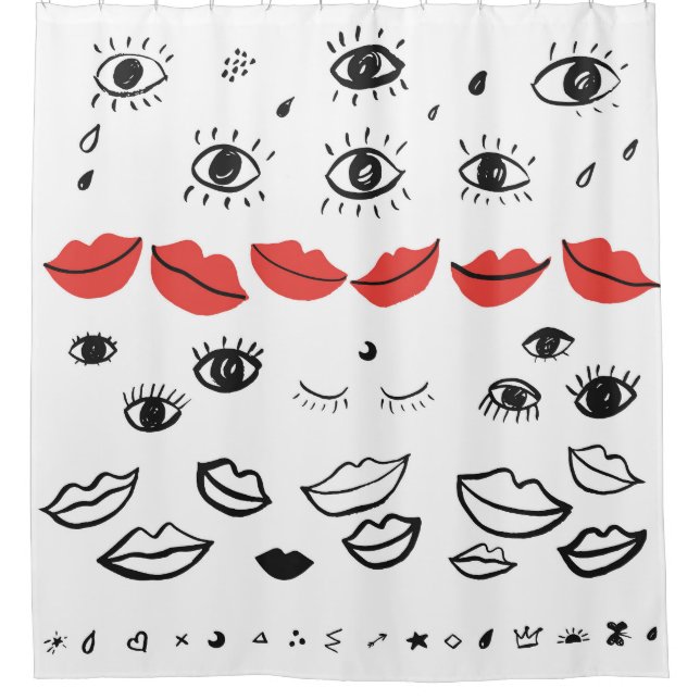 Rideaux De Douche Vintages yeux, motif des lèvres rouges. (Devant)