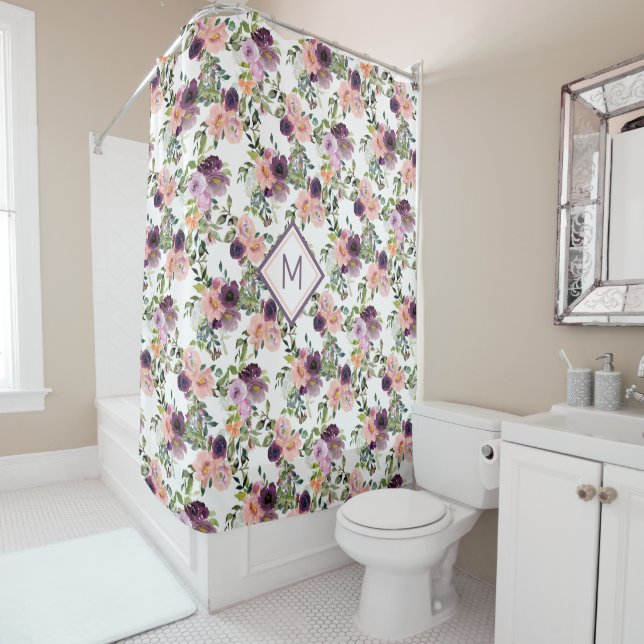 Rideaux De Douche Violet rose Lavande Rose Motif Monogramme (En situation)