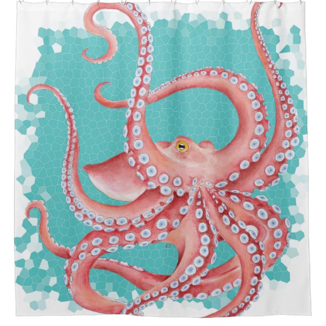 Rideaux De Douche Vitrail rouge octopus Turquoise (Devant)