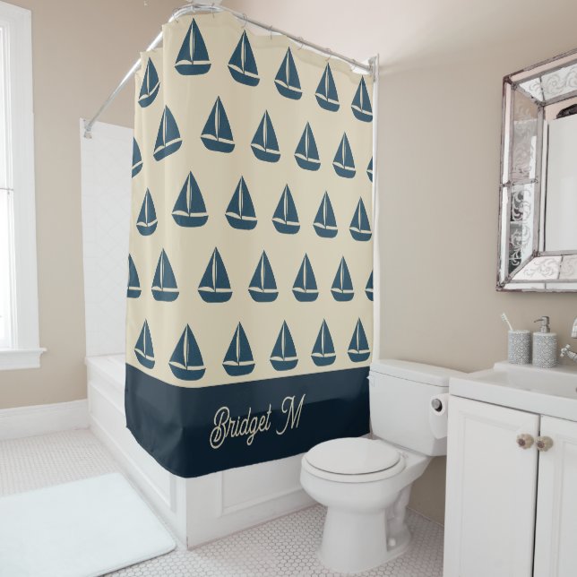 Rideaux De Douche voilier bleu marine & Monogram Beige Maison côtièr (En situation)