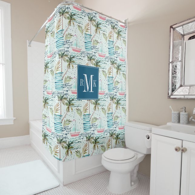 Rideaux De Douche Voilier d'aquarelle avec le motif de palmier (En situation)