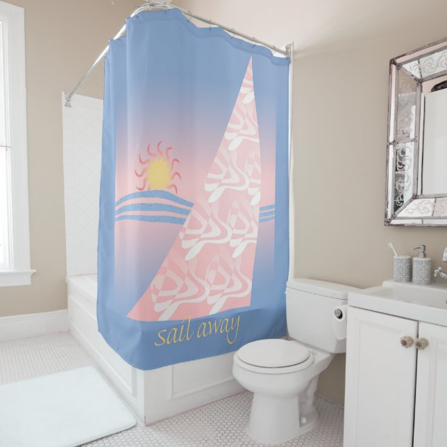Rideaux De Douche Voilier rose et bleu (En situation)
