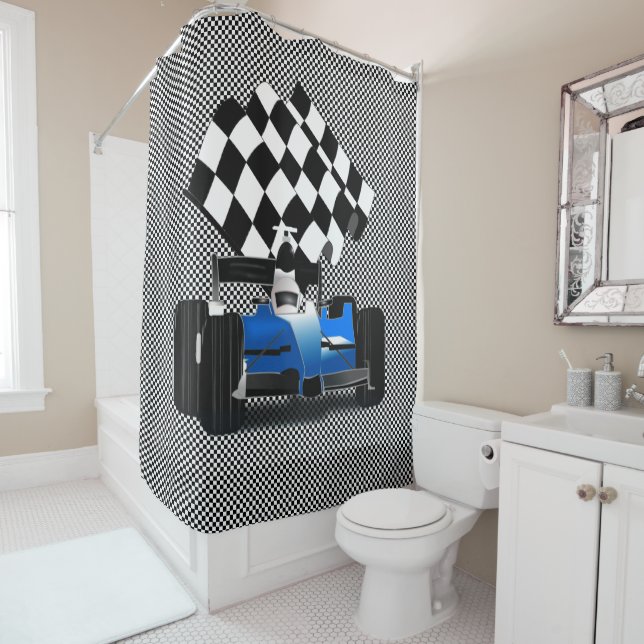 Rideaux De Douche Voiture Blue Race avec drapeau À damiers (En situation)