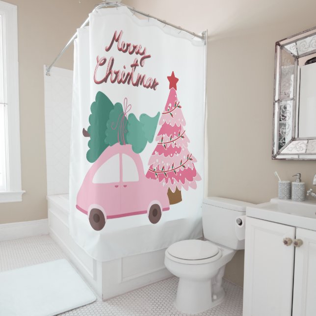 Rideaux De Douche Voiture rose et verte & Arbre de Noël (En situation)