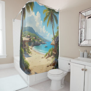 Rideaux De Douche Vue encadrée de paumes de cabanes de plage et d'oc