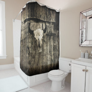 Rideaux De Douche Western Bull Skull Wood Barn Sepia Vintage Russe