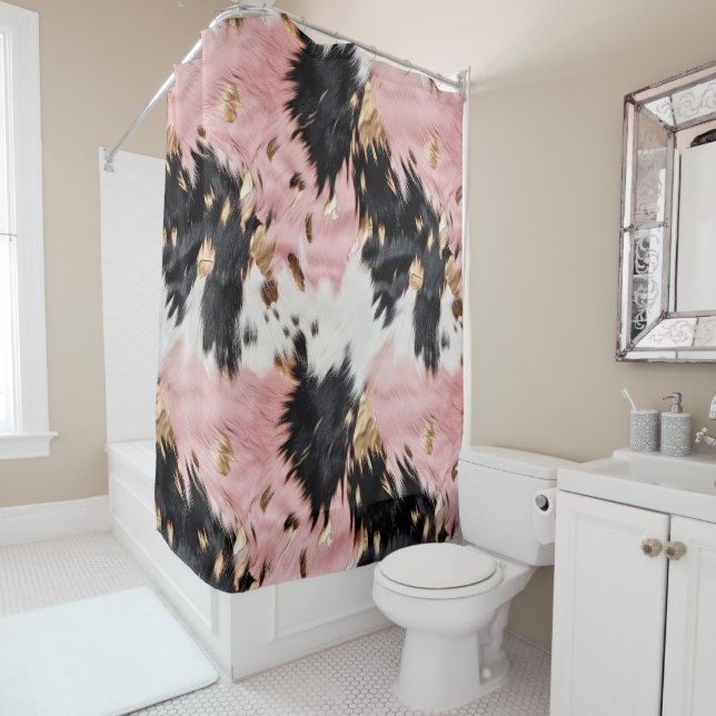 Rideaux De Douche Western Cowgirl rose noir blanc or (En situation)