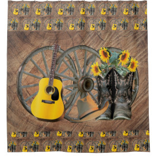 Rideaux De Douche Western Wagon Wheel Guitar Cowboy bottes tournesol
