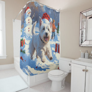 Rideaux De Douche Westie courant dans la neige avec un chapeau de No