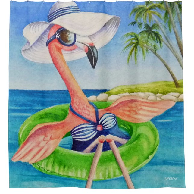 Rideaux De Douche Whimsical Beach Babe Flamant rose No. 3 Aquarelle  (Devant)