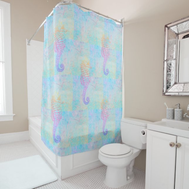 Rideaux De Douche Whimsical Rainbow Pastels Sea Horse (En situation)
