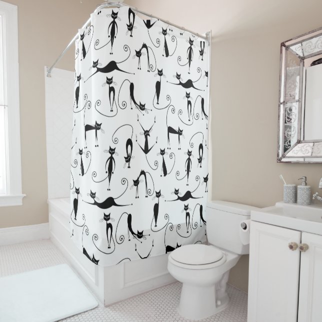 Rideaux De Douche Whimsical Skinny Motif de chat noir (En situation)