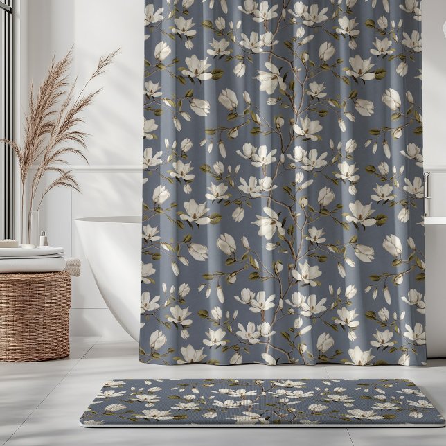 Rideaux De Douche White Magnolia Grove on Slate Blue Elegant Floral  (Créateur téléchargé)