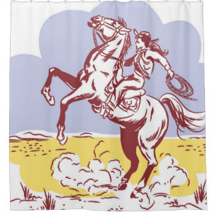 Rideaux De Douche Wild West Cowgirl : Dessin Vintage Line.